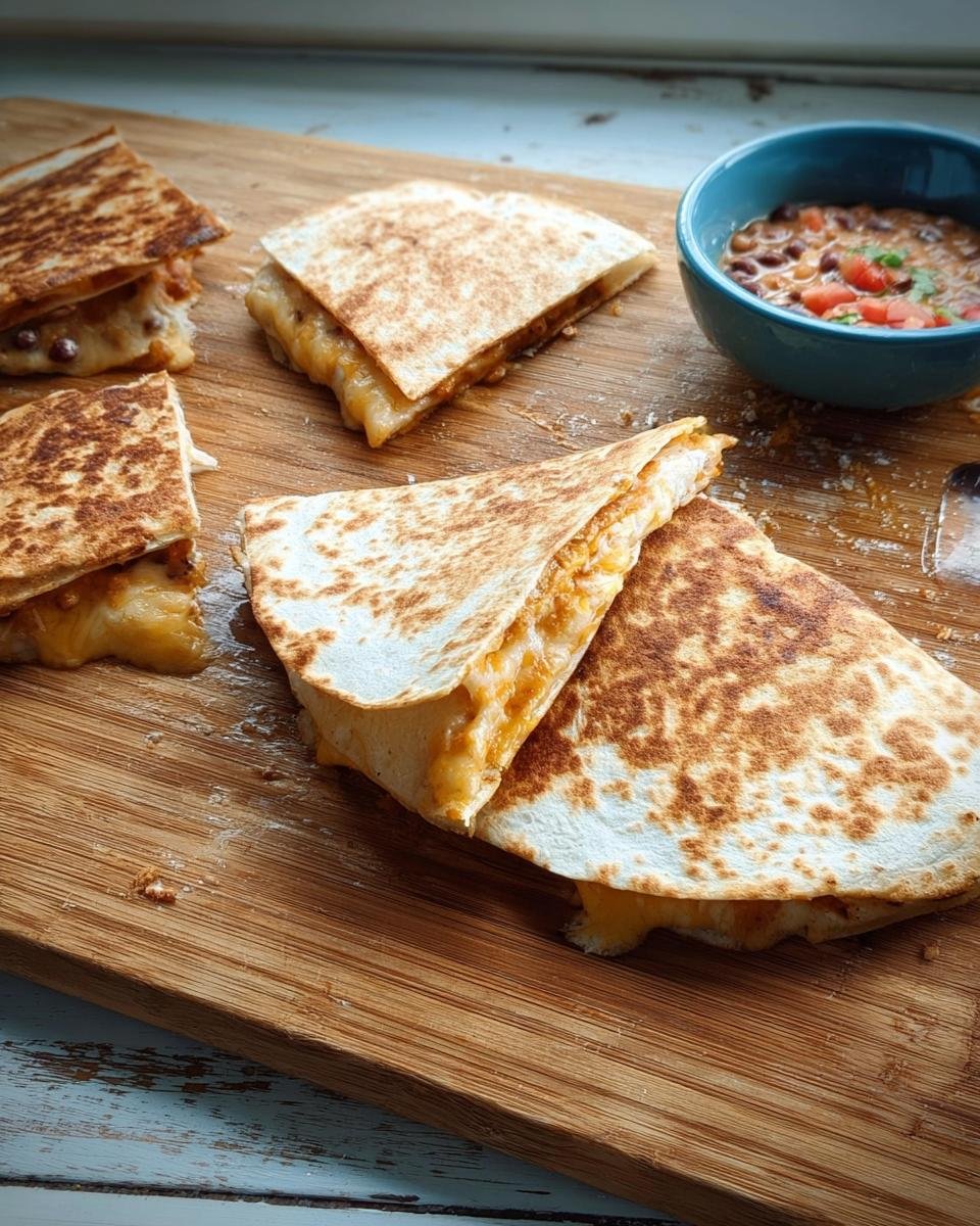 Gegrillte Quesadillas mit Käse und Bohnen, serviert auf einem Holzbrett mit einer Schüssel Bohnensalat.
