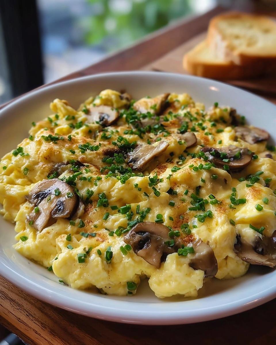 Close-up of fluffy Rührei mit Pilzen & Schnittlauch (scrambled eggs with mushrooms and chives) in a white bowl.
