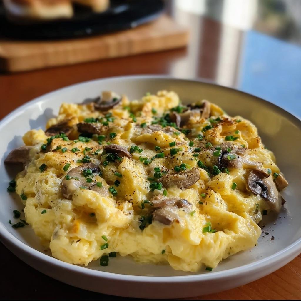 A delicious bowl of Rührei mit Pilzen & Schnittlauch (German scrambled eggs with mushrooms and chives), garnished with fresh chives.