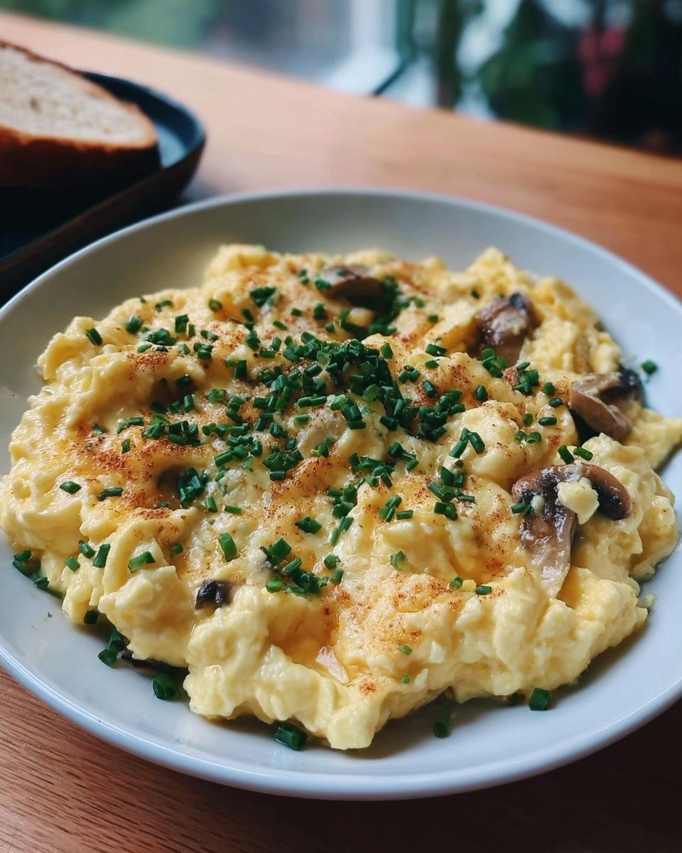 A close-up of fluffy Rührei mit Pilzen & Schnittlauch (scrambled eggs with mushrooms and chives) garnished with paprika and fresh chives.
