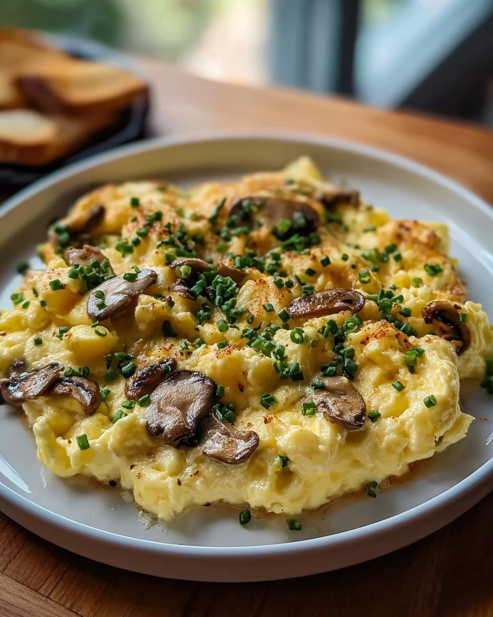 Close-up of Rührei mit Pilzen & Schnittlauch (scrambled eggs with mushrooms and chives) on a white plate, garnished with chives.