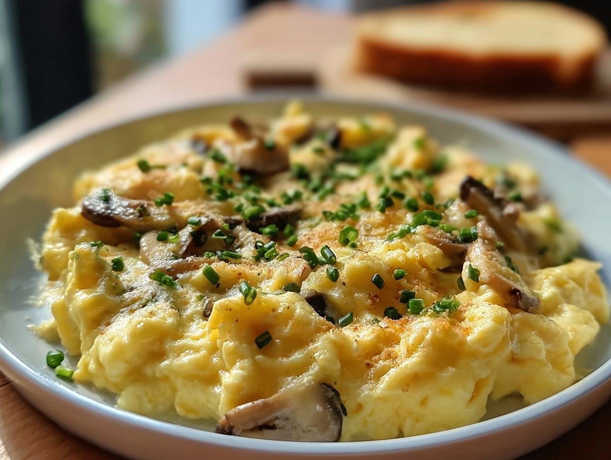 Close-up of fluffy German Rührei mit Pilzen & Schnittlauch (scrambled eggs with mushrooms and chives) on a plate.