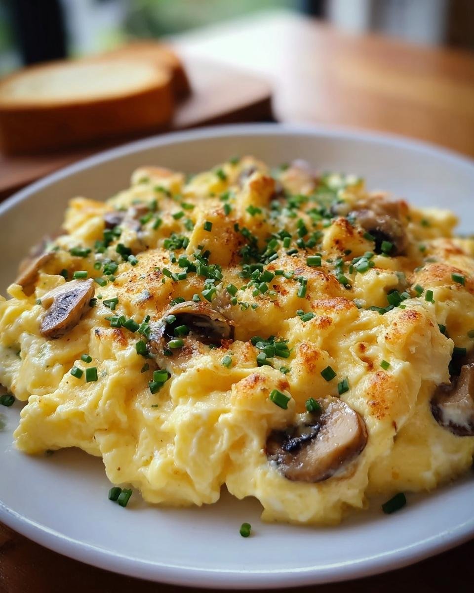 Close-up of fluffy Rührei mit Pilzen & Schnittlauch (German scrambled eggs with mushrooms and chives) on a white plate.
