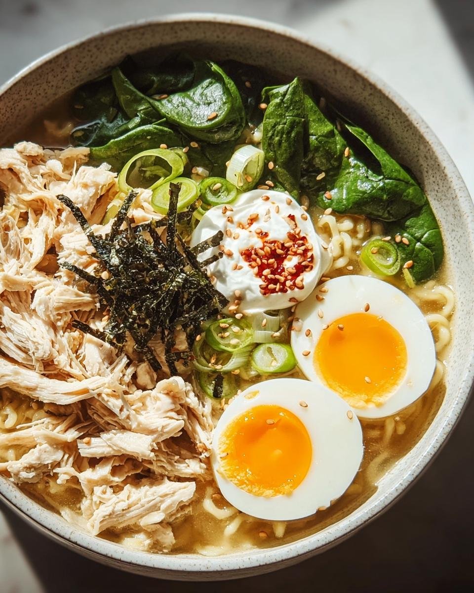 Eine Schüssel mit Schnelle Ramen mit Ei & Frühlingszwiebeln, garniert mit Hühnchen, Spinat und einem perfekt gekochten Ei.