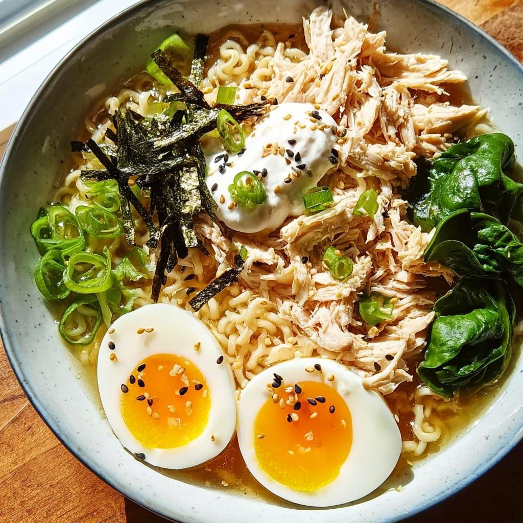 Schüssel mit Schnelle Ramen mit Ei & Frühlingszwiebeln, garniert mit Hühnchen, Spinat und Nori.