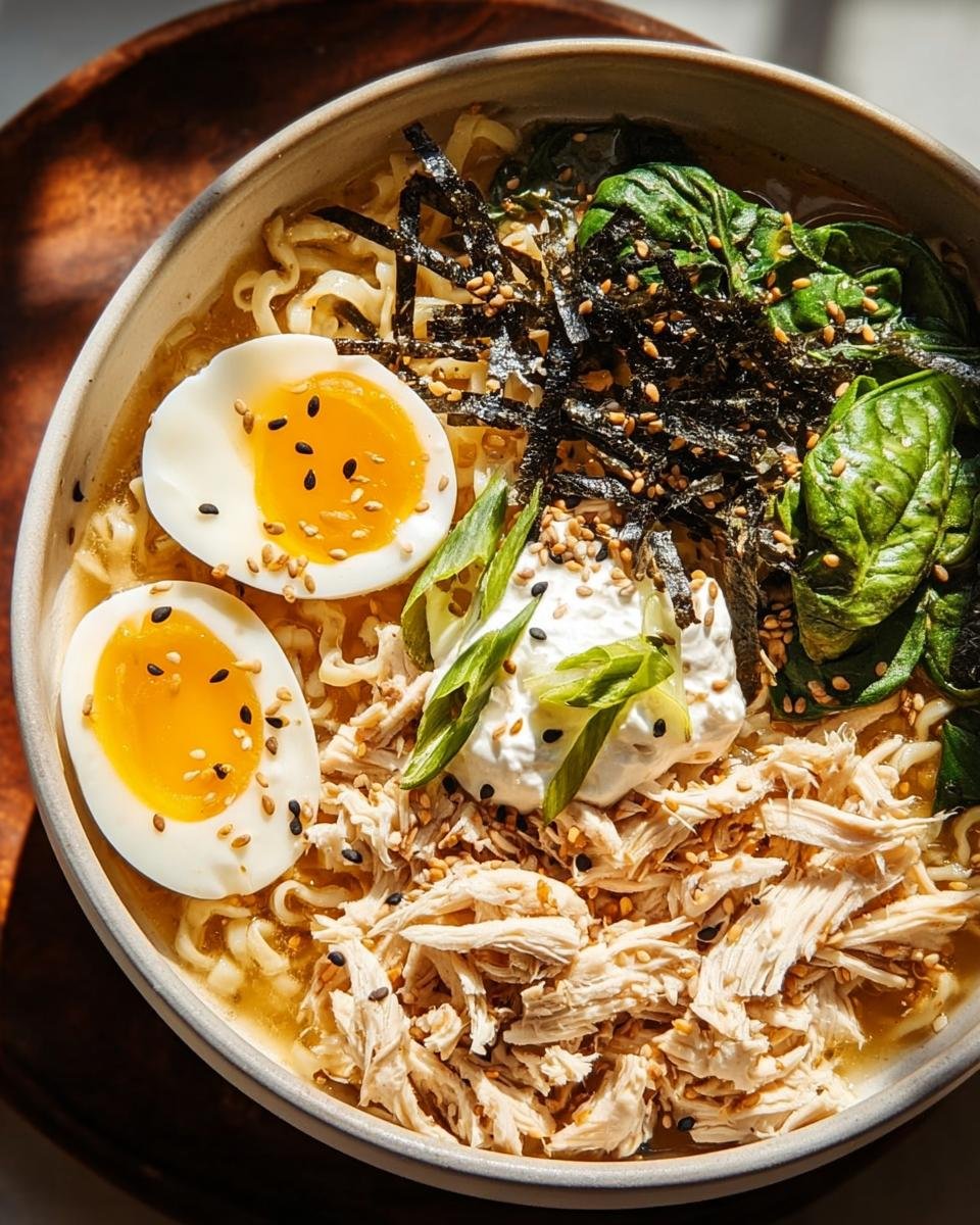 Schüssel mit Schnelle Ramen mit Ei & Frühlingszwiebeln, garniert mit zerrupftem Huhn, Spinat und Nori.