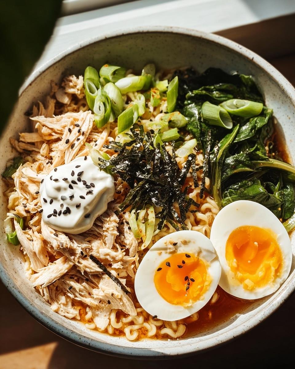 Eine Schüssel Schnelle Ramen mit Ei und Frühlingszwiebeln, garniert mit Hühnchen, Nori und einem Klecks Sauerrahm.