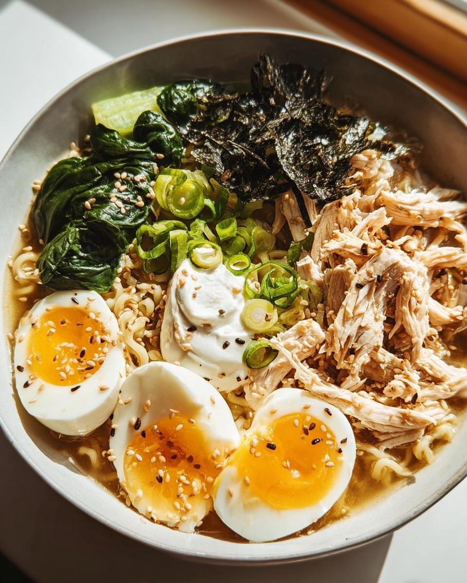 Eine Schüssel mit Schnelle Ramen mit Ei & Frühlingszwiebeln, garniert mit zerrupftem Hühnchen und Seetang.