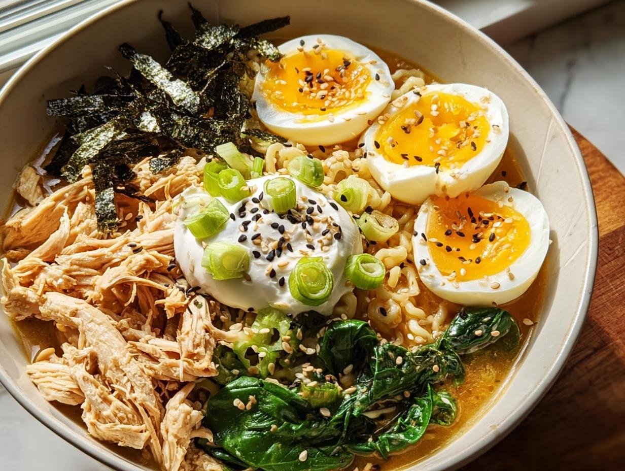 Eine Schüssel mit Schnelle Ramen mit Ei & Frühlingszwiebeln, garniert mit gekochtem Ei, Frühlingszwiebeln und Nori.