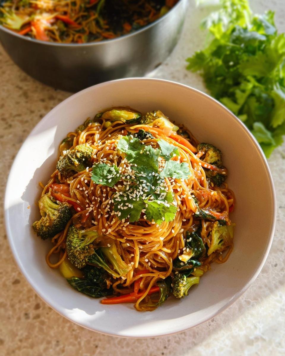Eine Schüssel mit Schnelle Teriyaki-Nudeln mit Gemüse, garniert mit Koriander und Sesam.
