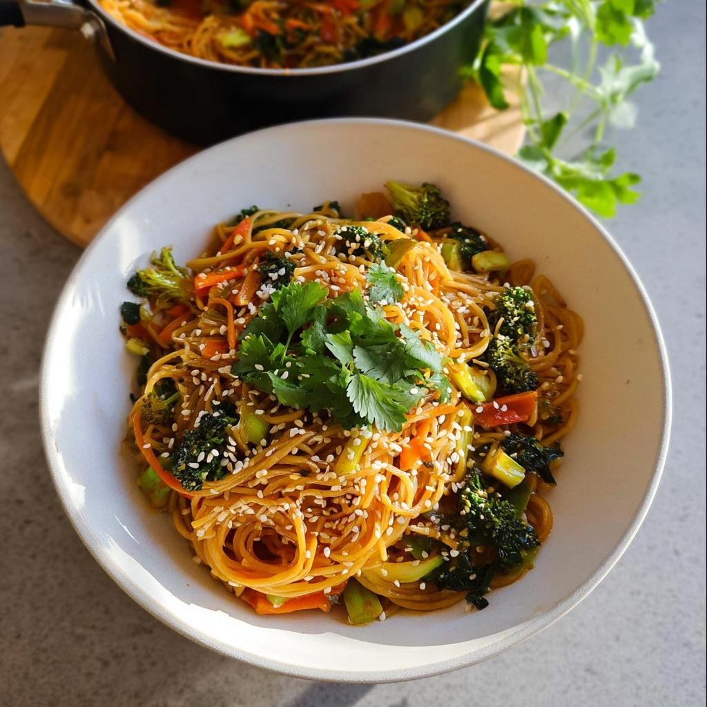 Eine Schüssel mit Schnelle Teriyaki-Nudeln mit Gemüse, garniert mit Koriander und Sesam.