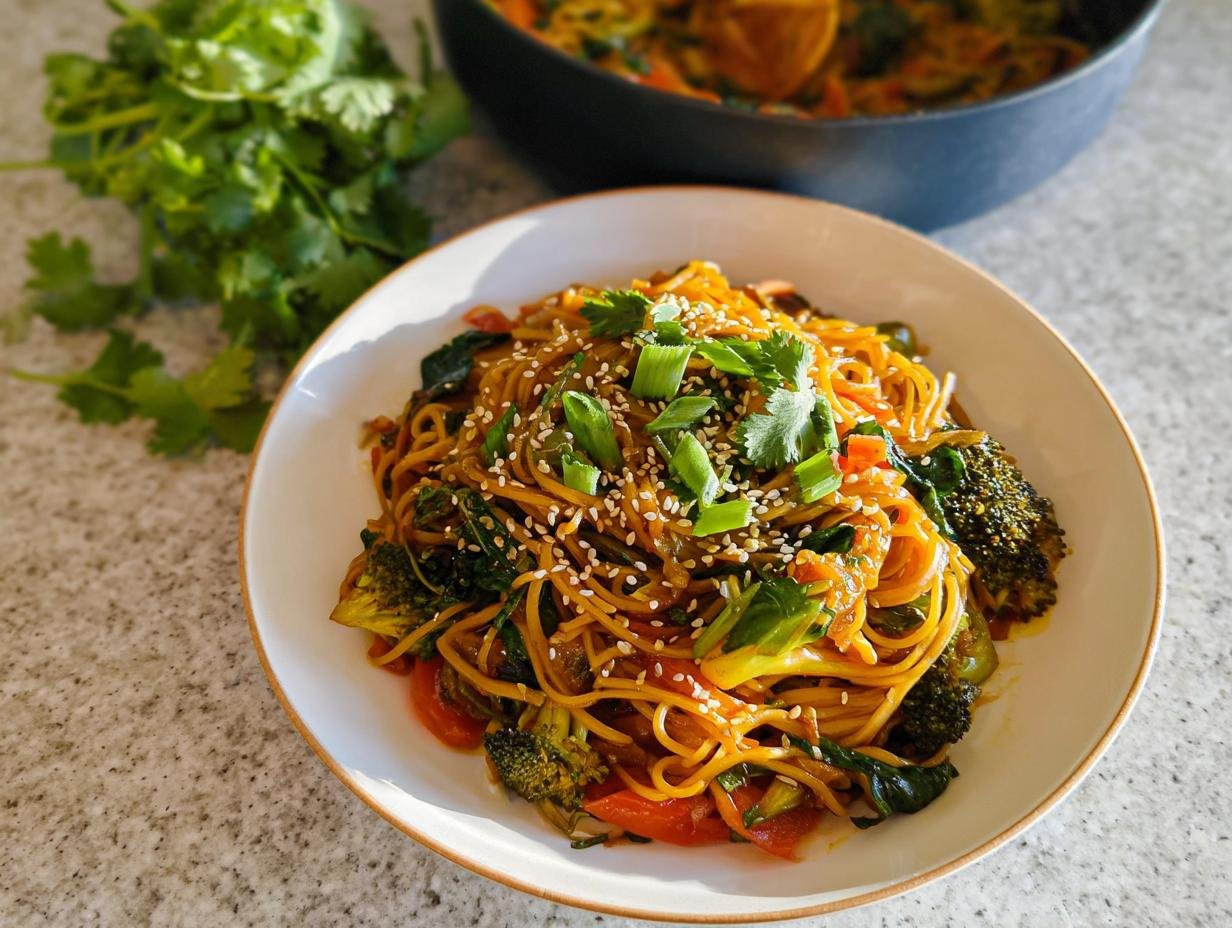 Eine Schüssel mit Schnelle Teriyaki-Nudeln mit Gemüse, garniert mit Frühlingszwiebeln und Sesam.