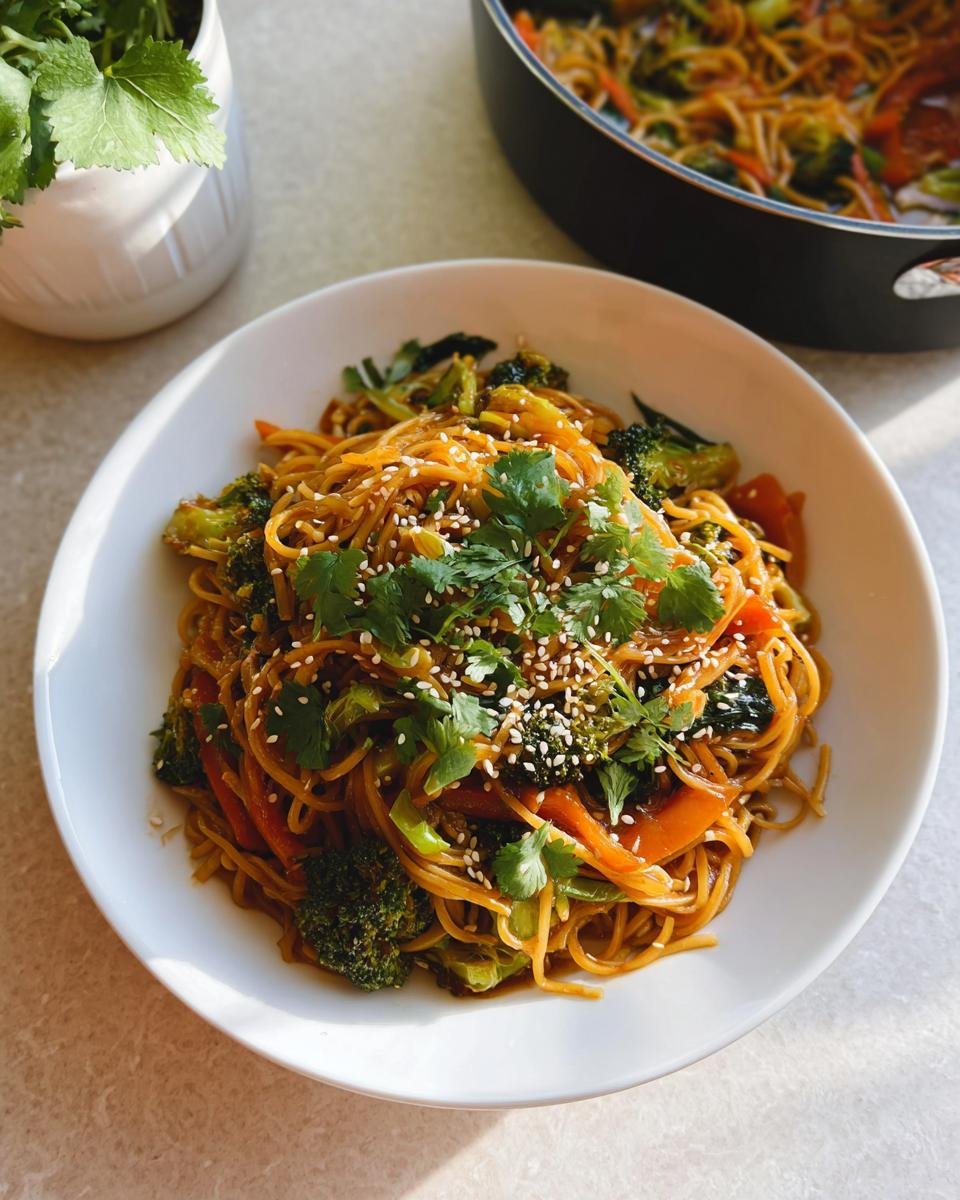 Eine Schüssel mit Schnelle Teriyaki-Nudeln mit Gemüse, garniert mit Koriander und Sesam.