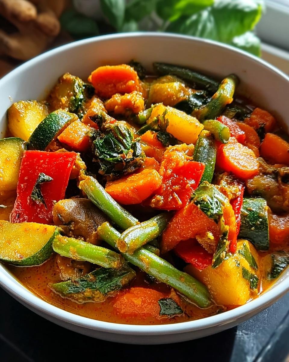 Close-up of a bowl filled with Schnelles Gemüse-Curry mit Kokosmilch, featuring colorful vegetables in a creamy sauce.