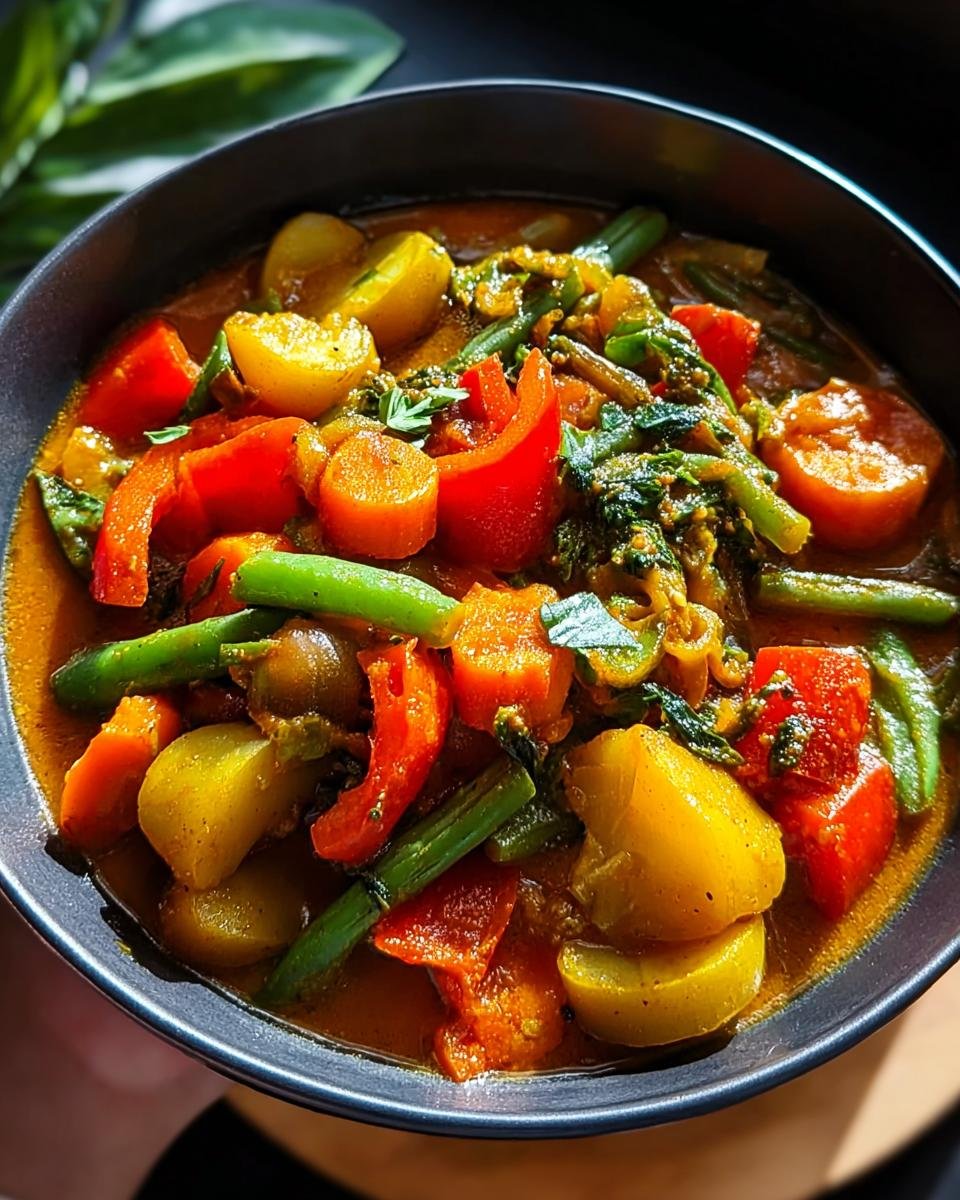 Close-up of a bowl of Schnelles Gemüse-Curry mit Kokosmilch, featuring potatoes, carrots, bell peppers, and green beans in a creamy sauce.