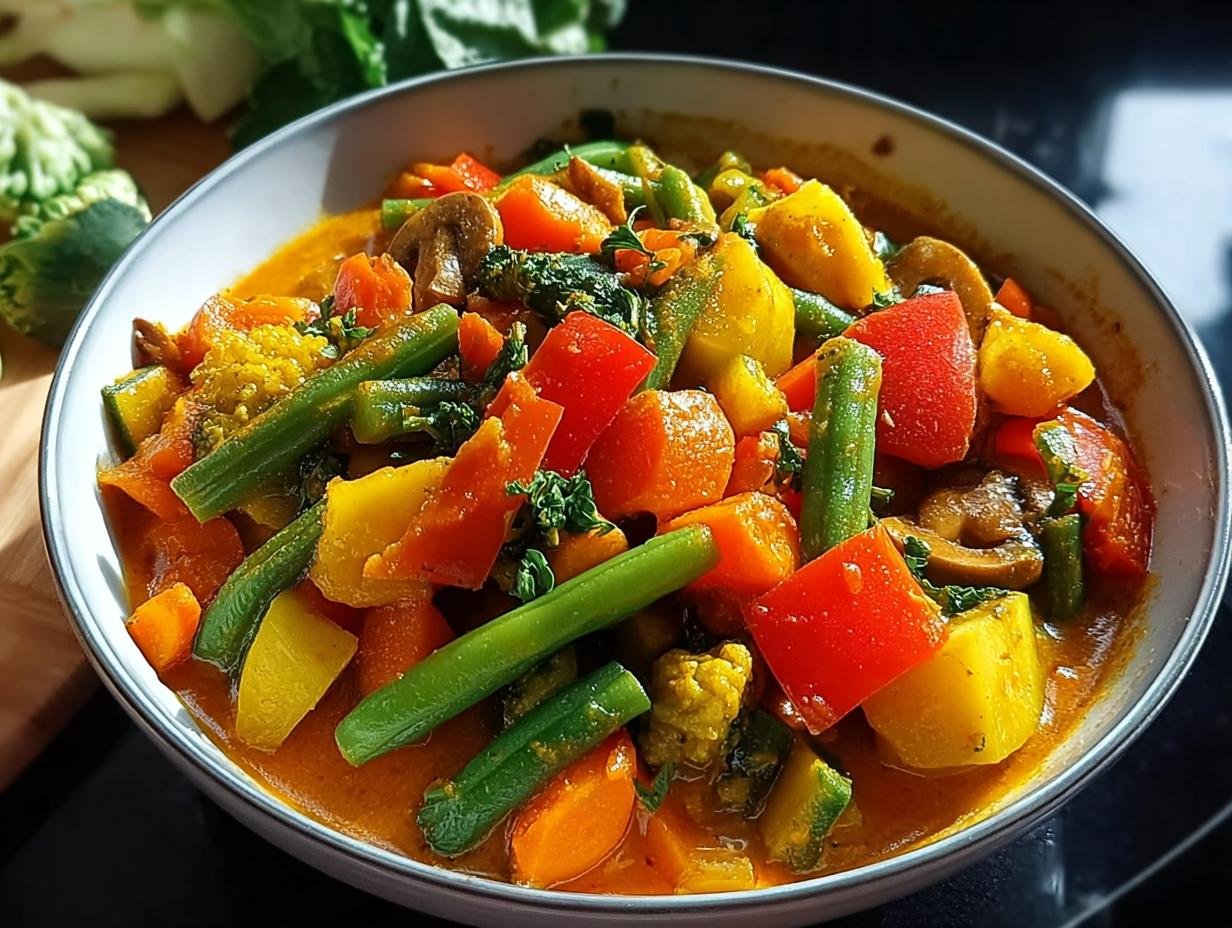 A vibrant bowl of Schnelles Gemüse-Curry mit Kokosmilch, packed with colorful vegetables like carrots, bell peppers, and green beans.