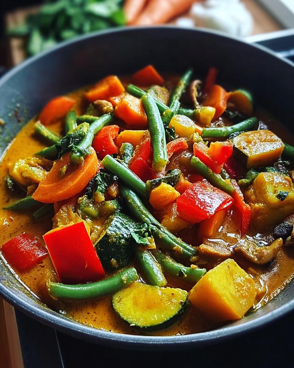 Ein köstliches Schnelles Gemüse-Curry mit Kokosmilch, voller bunter Gemüsestücke wie grüne Bohnen, Paprika und Kürbis.