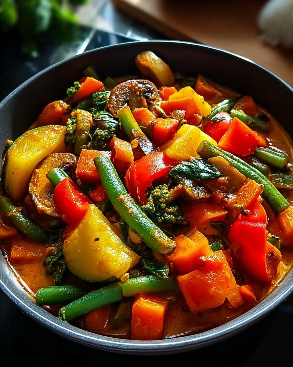 Close-up of a vibrant Schnelles Gemüse-Curry mit Kokosmilch, featuring colorful vegetables in a creamy coconut sauce.