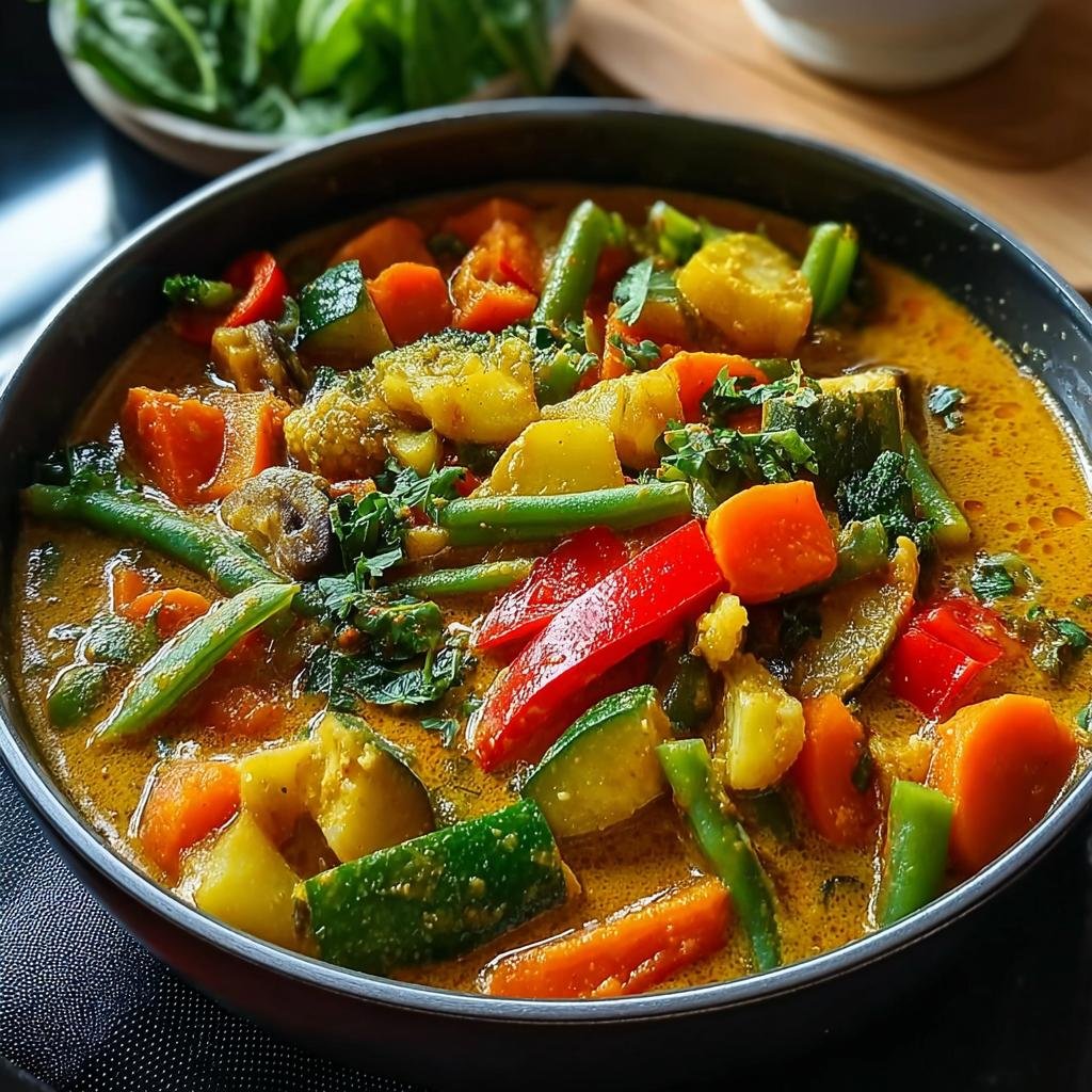 A vibrant and hearty Schnelles Gemüse-Curry mit Kokosmilch, packed with colorful vegetables in a creamy coconut sauce.