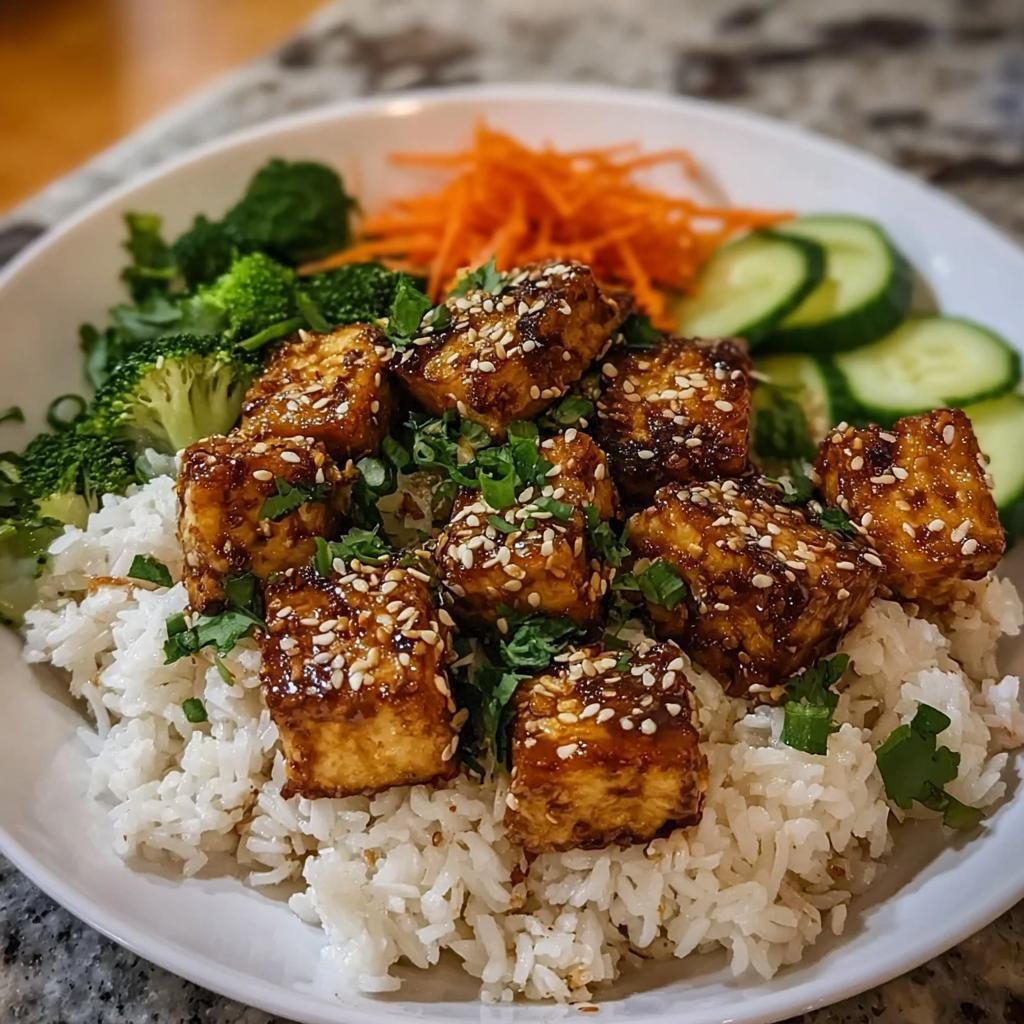 Sesam-Tofu aus der Pfanne mit Reis, garniert mit frischen Kräutern und Sesam.