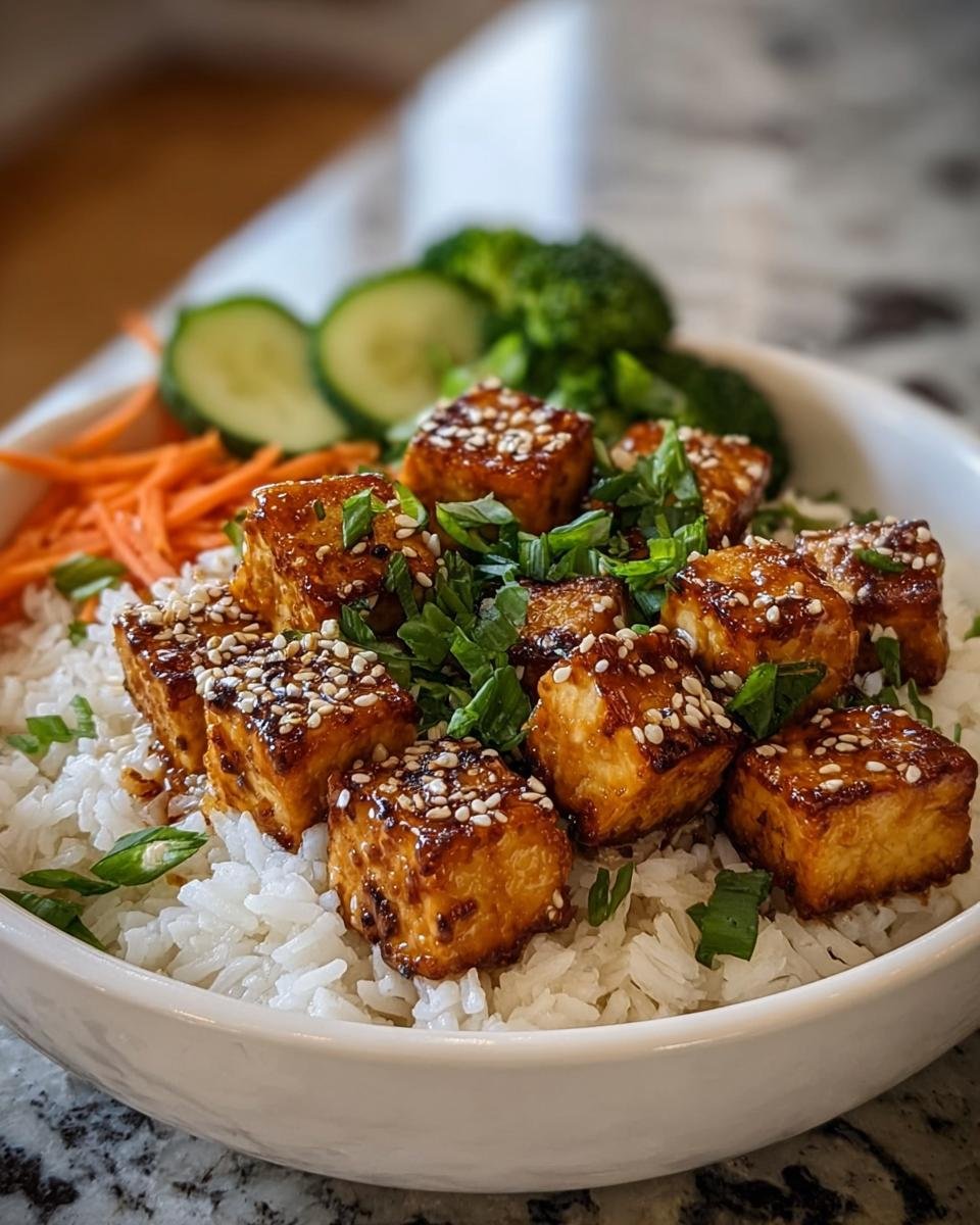 Sesam-Tofu aus der Pfanne mit Reis, garniert mit Frühlingszwiebeln und Sesam.