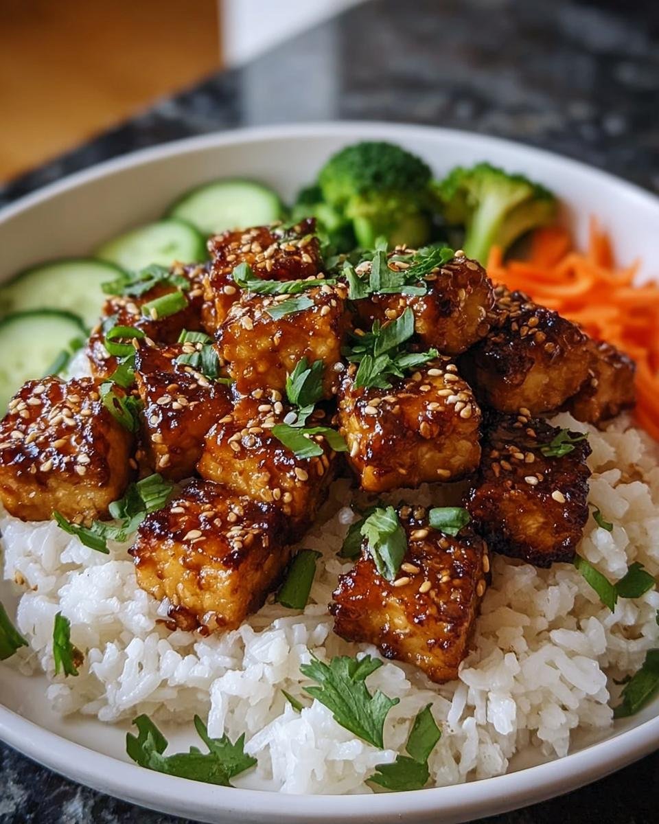 Sesam-Tofu aus der Pfanne mit Reis, garniert mit Sesam und frischen Kräutern, serviert mit Gurken, Karotten und Brokkoli.
