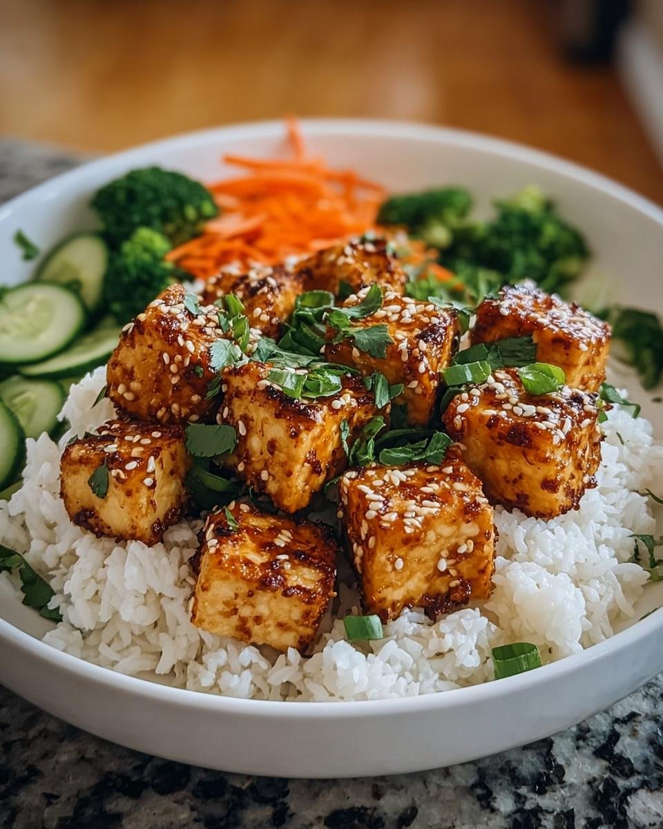 Sesam-Tofu aus der Pfanne mit Reis, garniert mit Frühlingszwiebeln und Petersilie, serviert mit Gemüse.