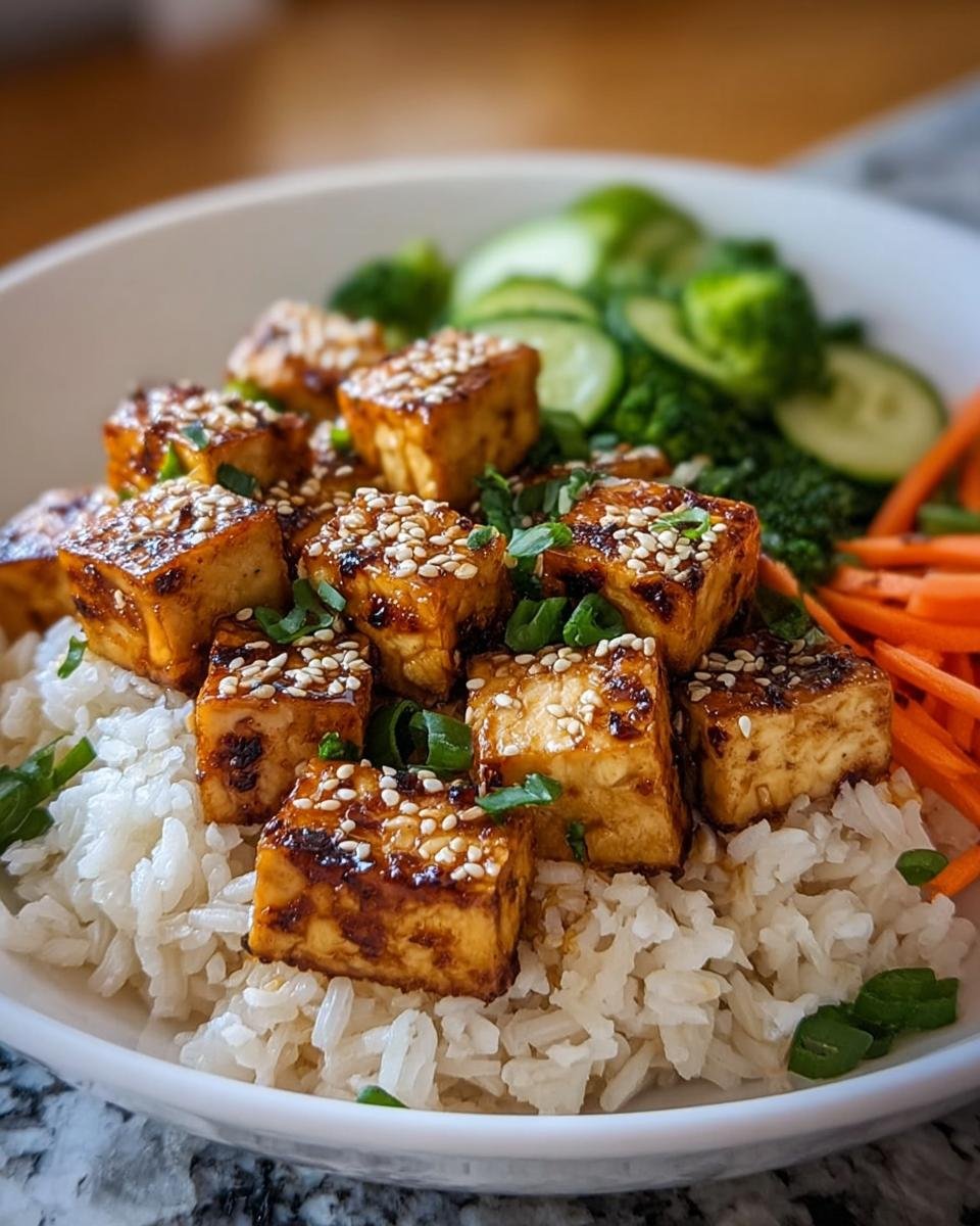 Sesam-Tofu aus der Pfanne mit Reis, garniert mit Frühlingszwiebeln und Sesam.