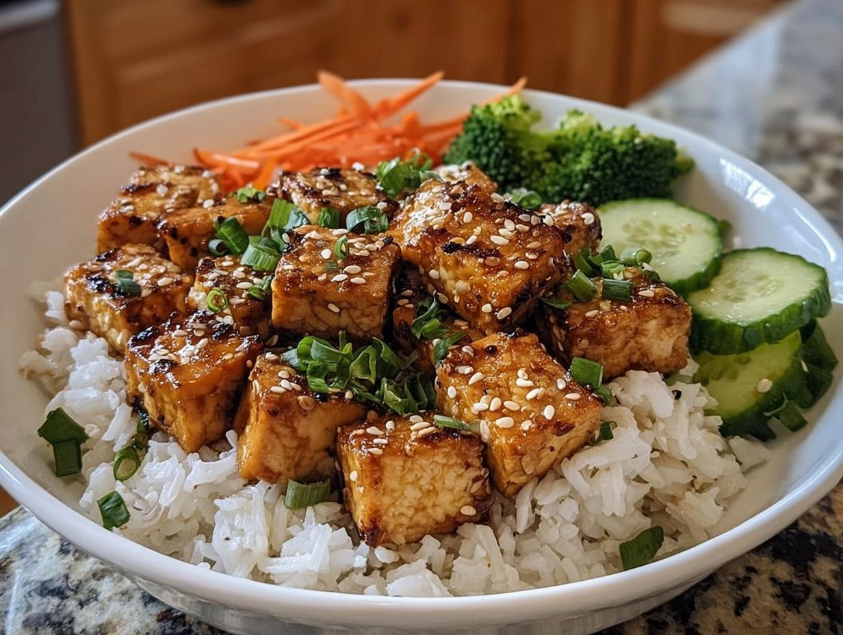 Sesam-Tofu aus der Pfanne mit Reis, garniert mit Frühlingszwiebeln und Sesam, serviert mit Gurken und Brokkoli.
