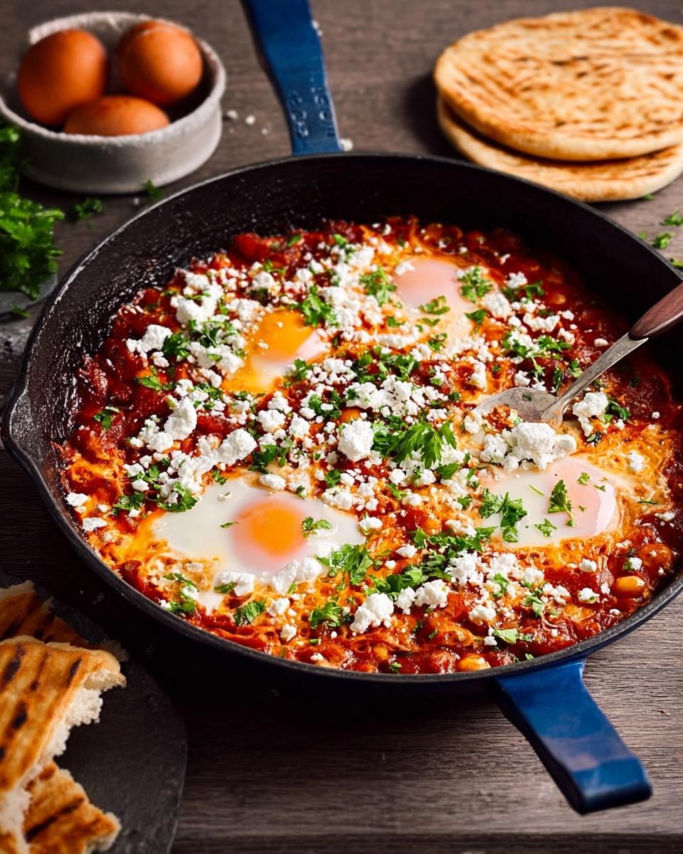 Shakshuka Express (Eier in Tomatensauce) served in a skillet with crumbled feta cheese and fresh parsley.