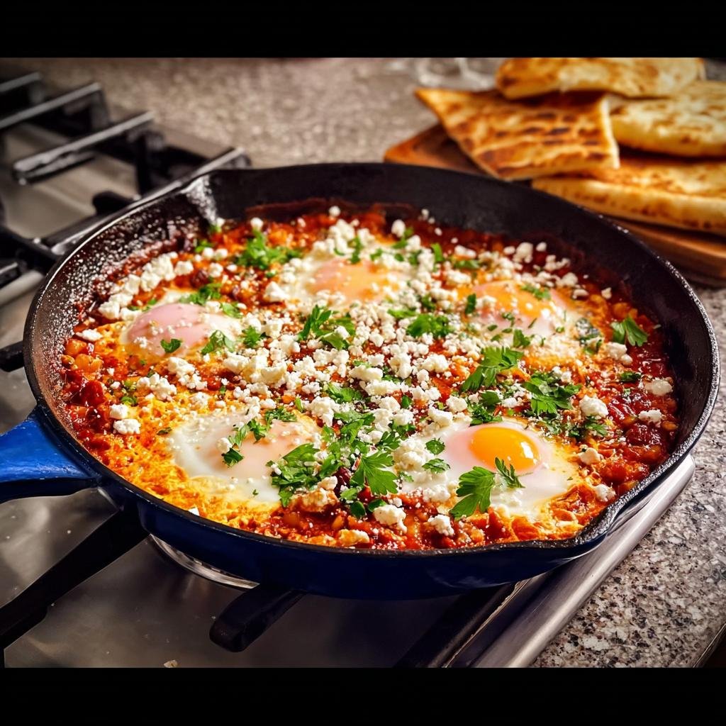 Shakshuka Express (Eier in Tomatensauce) with eggs poached in a rich tomato sauce, topped with feta cheese and parsley, served in a skillet with flatbread.