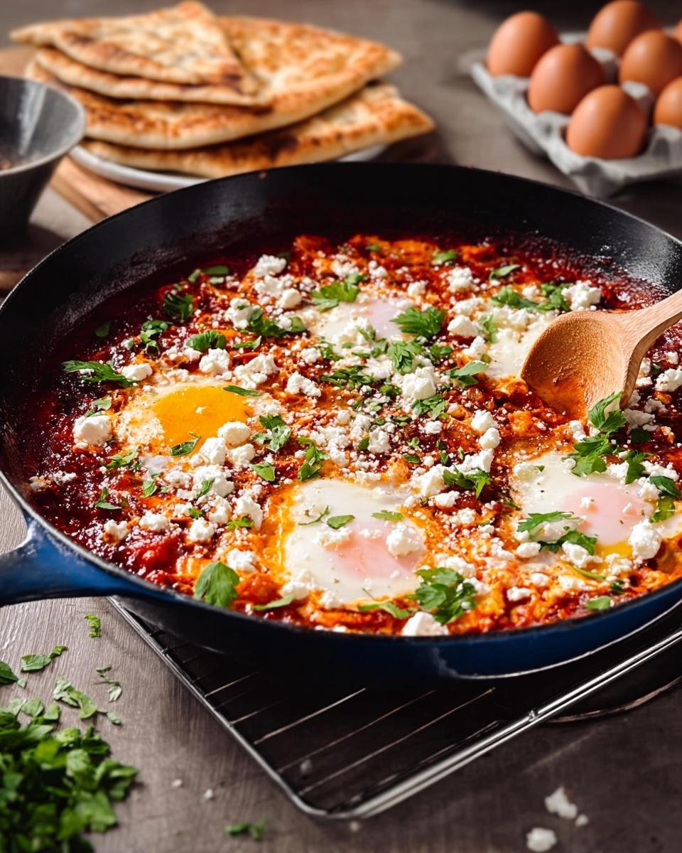 Shakshuka Express (Eier in Tomatensauce) served in a skillet with feta cheese and parsley.