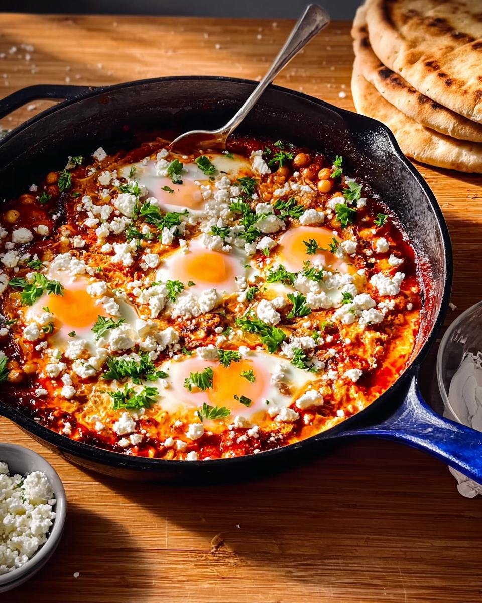 Shakshuka Express (Eier in Tomatensauce) served in a cast iron skillet with feta cheese and parsley.
