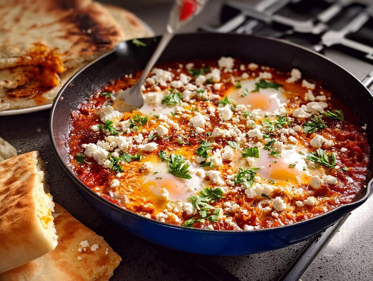 Shakshuka Express (Eier in Tomatensauce) served in a skillet with crumbled feta and fresh parsley.