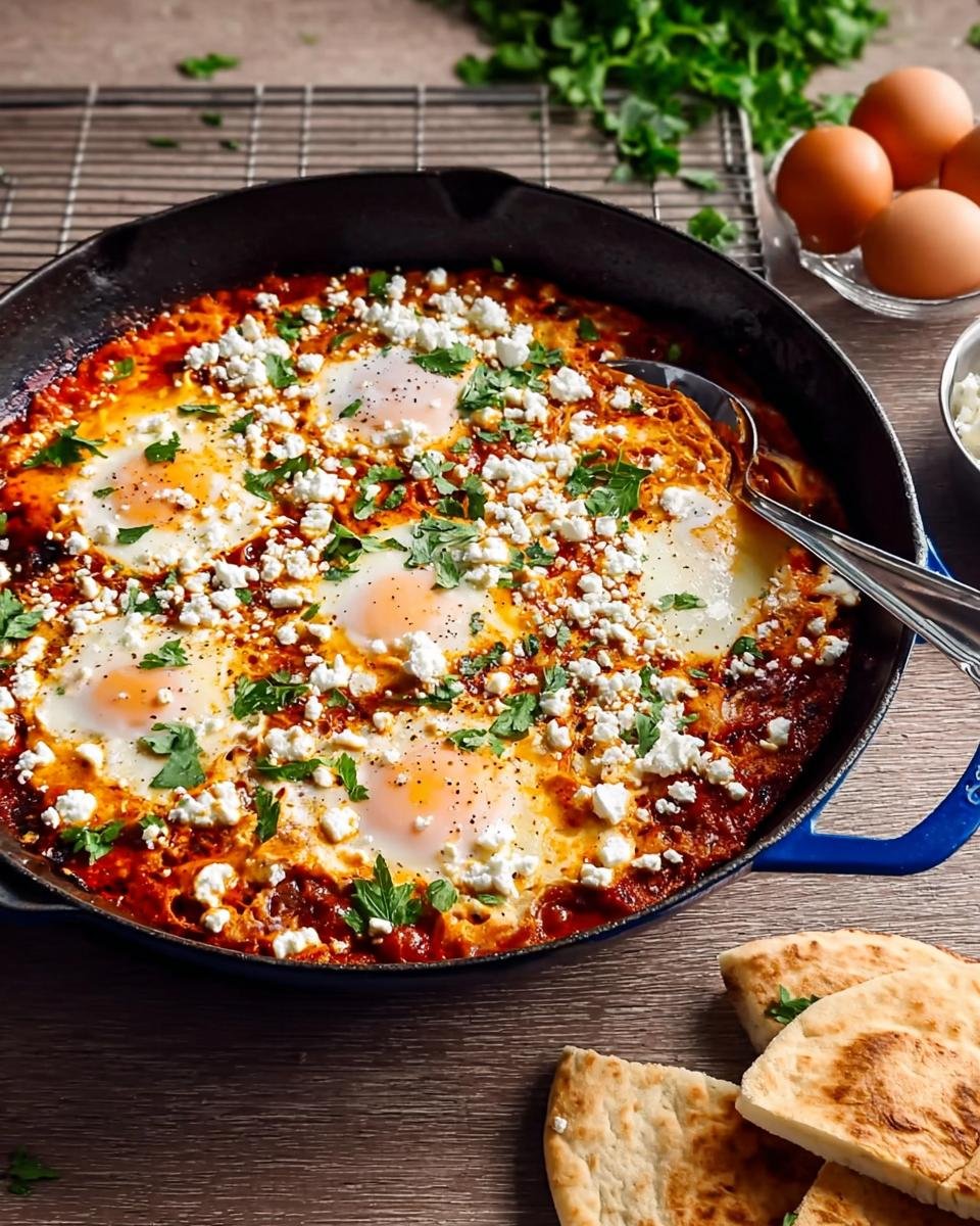 Shakshuka Express (Eier in Tomatensauce) served in a cast-iron skillet with crumbled feta and fresh parsley.