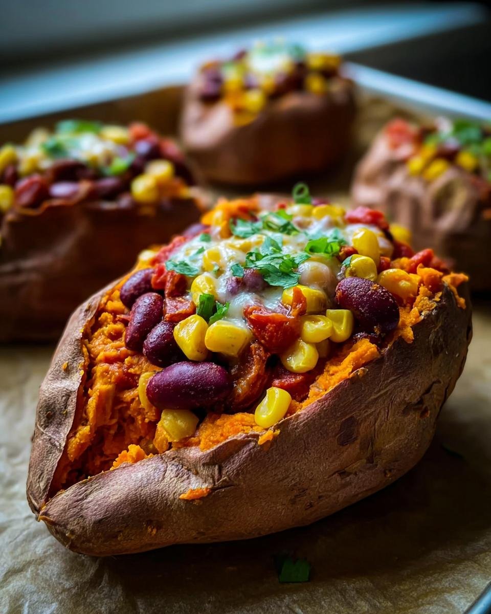 Eine gebackene Süßkartoffel aus der Mikrowelle, gefüllt mit Kidneybohnen, Mais, Tomaten und geschmolzenem Käse, garniert mit Petersilie.