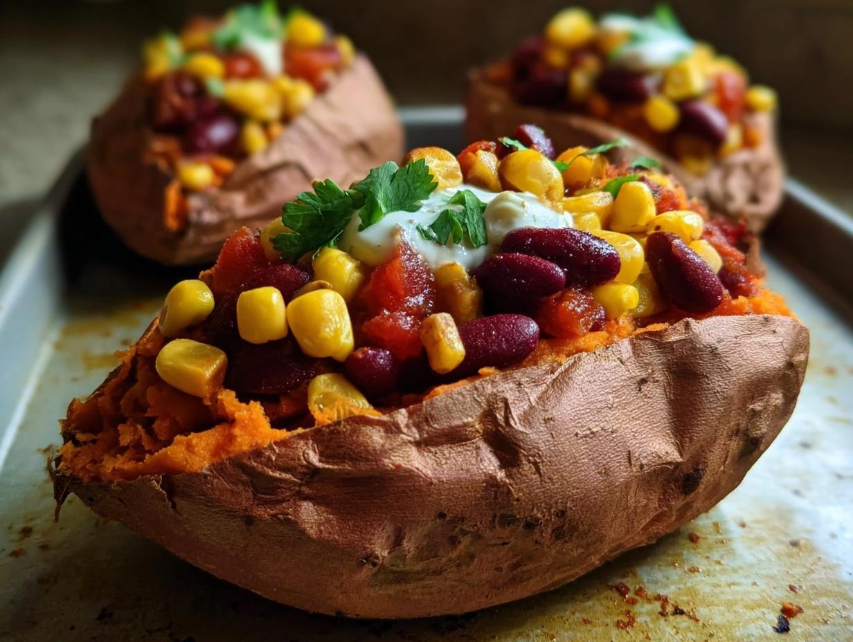 Eine gebackene Süßkartoffel aus der Mikrowelle, gefüllt mit Mais, Kidneybohnen, Tomaten und einem Klecks Sour Cream, garniert mit Petersilie.