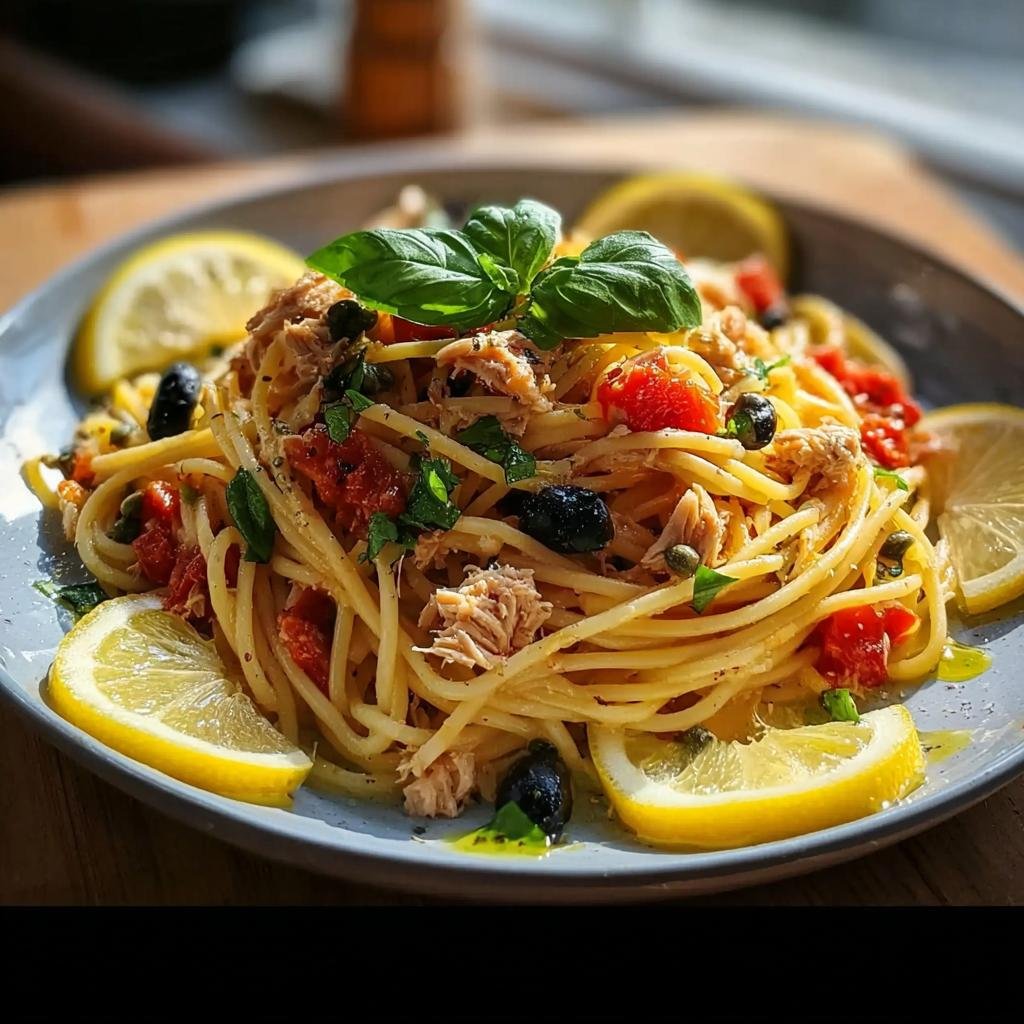 Eine köstliche Portion Thunfisch-Pasta mit Zitrone & Kapern, garniert mit Basilikum und Zitronenspalten.