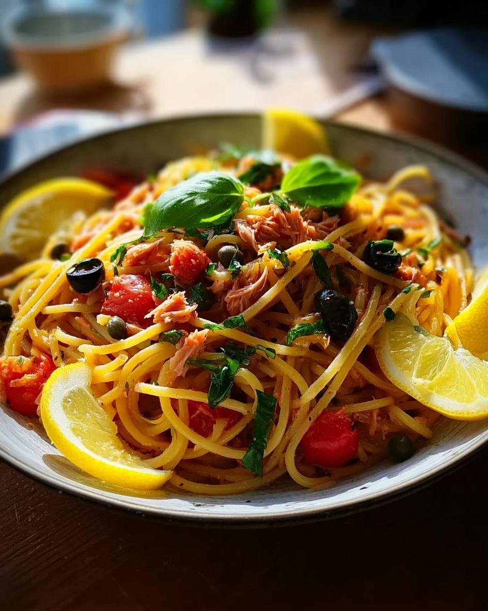 Eine Schüssel Thunfisch-Pasta mit Zitrone & Kapern, garniert mit Basilikum und Zitronenspalten.