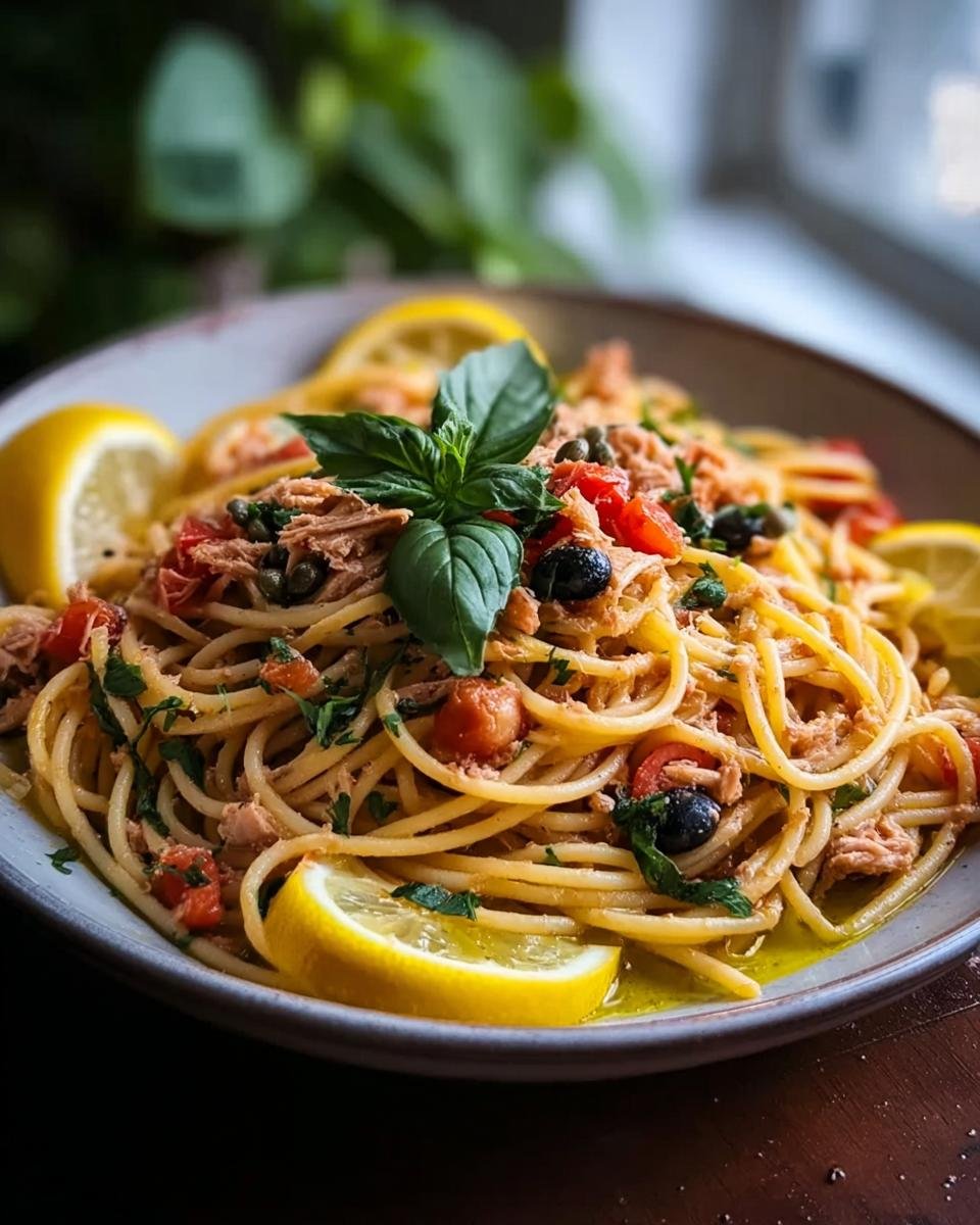 Eine Schüssel Thunfisch-Pasta mit Zitrone & Kapern, garniert mit Basilikum und Zitronenspalten.