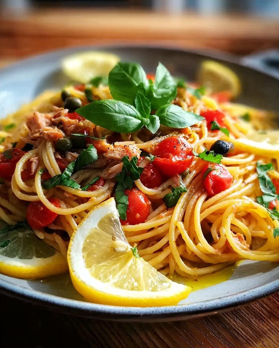 Eine Teller Thunfisch-Pasta mit Zitrone & Kapern, garniert mit frischem Basilikum und Zitronenspalten.