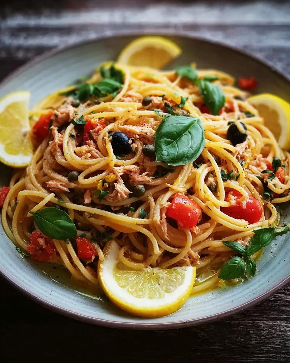 Nahaufnahme einer köstlichen Thunfisch-Pasta mit Zitrone & Kapern, garniert mit frischem Basilikum und Zitronenspalten.