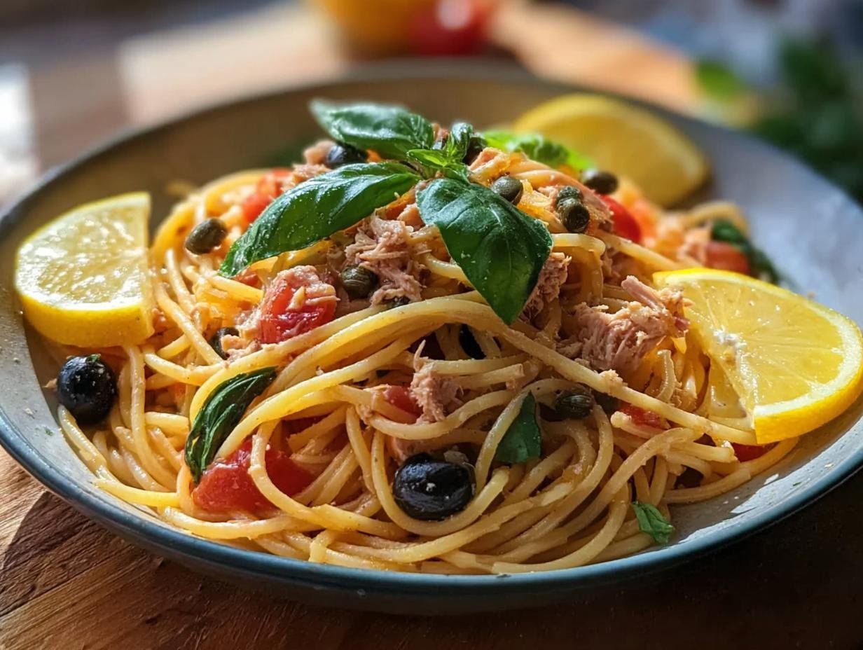 Eine Schüssel mit Thunfisch-Pasta mit Zitrone & Kapern, garniert mit frischem Basilikum, Zitronenspalten und Oliven.