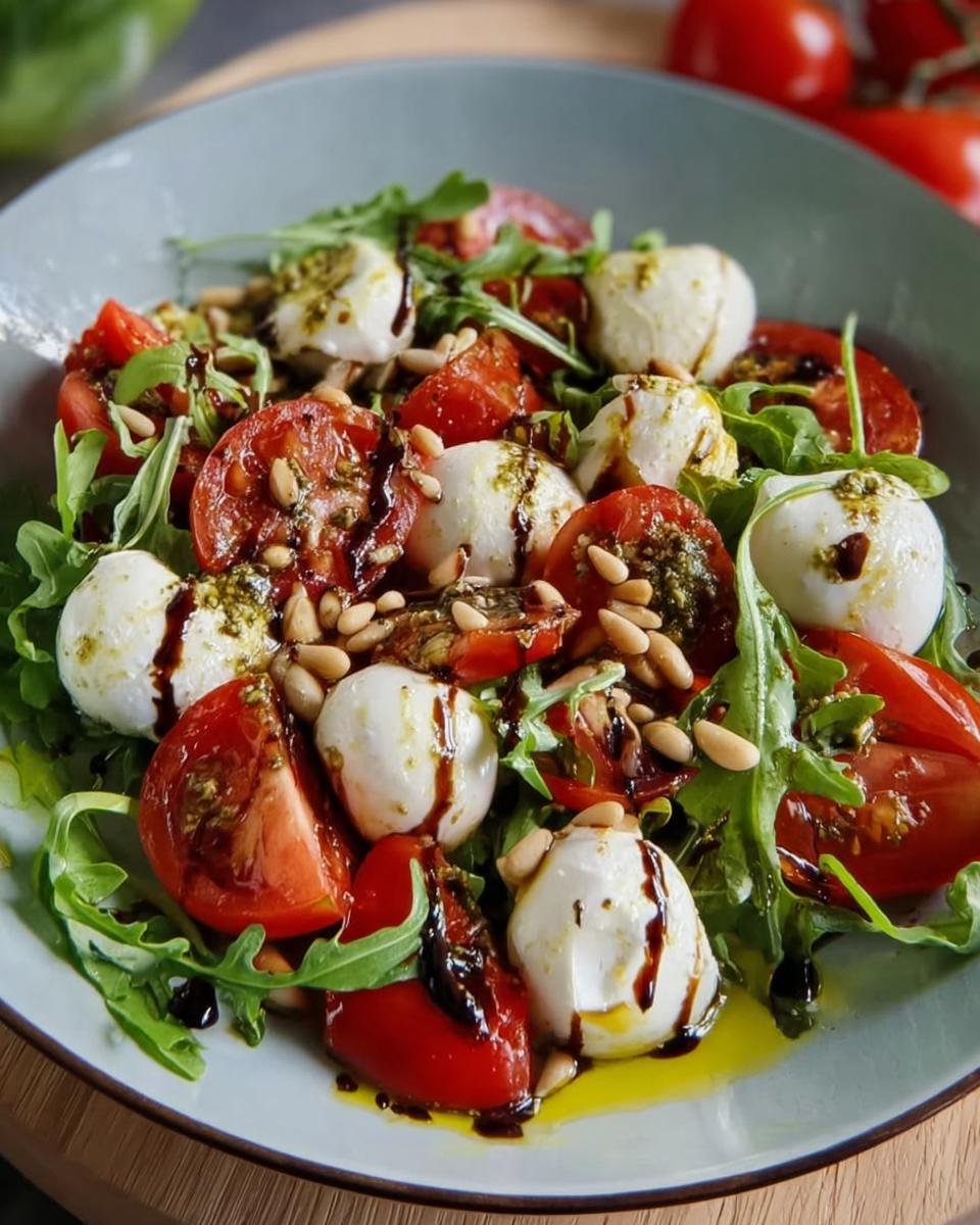 Ein köstlicher Tomaten-Mozzarella-Salat mit Pesto, garniert mit Pinienkernen und Balsamico-Glasur.