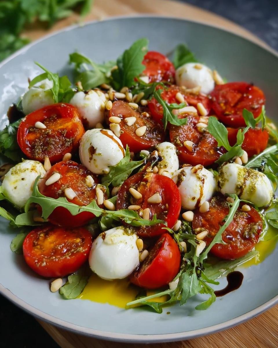 A vibrant Tomaten-Mozzarella-Salat mit Pesto featuring cherry tomatoes, mozzarella balls, arugula, pine nuts, and pesto dressing.