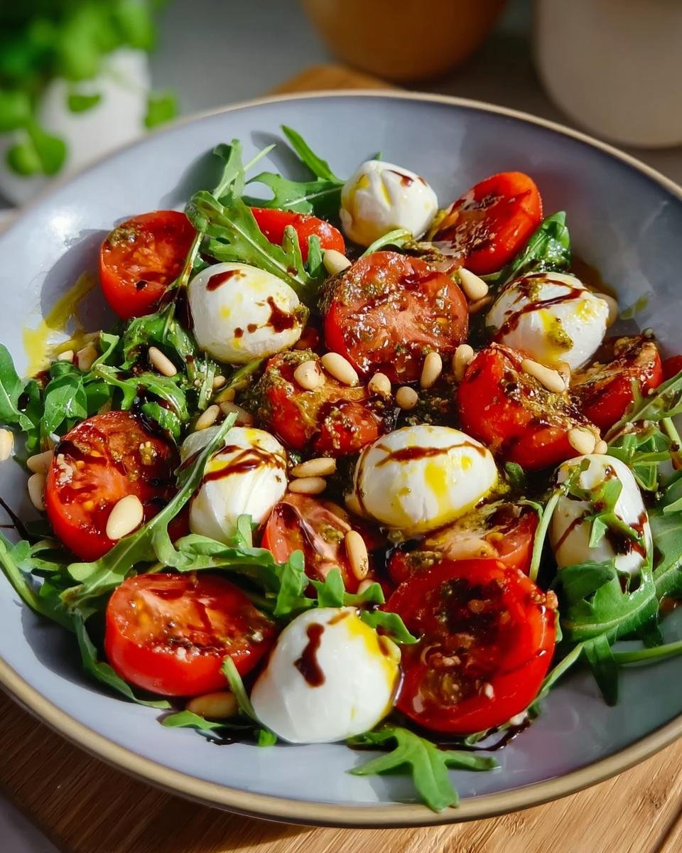 A vibrant Tomaten-Mozzarella-Salat mit Pesto featuring ripe tomatoes, fresh mozzarella balls, arugula, and pine nuts, drizzled with pesto and balsamic glaze.
