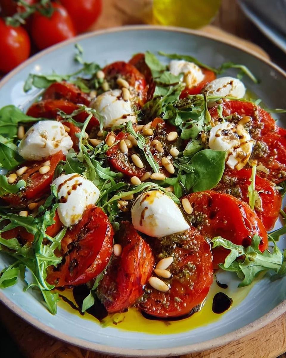 Ein köstlicher Tomaten-Mozzarella-Salat mit Pesto, garniert mit Pinienkernen und Rucola.