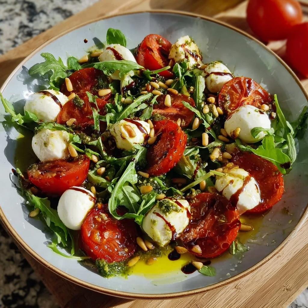 A vibrant Tomaten-Mozzarella-Salat mit Pesto featuring cherry tomatoes, mozzarella balls, arugula, pine nuts, and pesto dressing.
