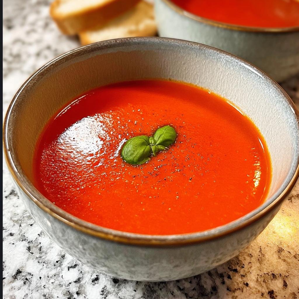 Eine Schüssel Tomatensuppe blitzschnell, garniert mit frischem Basilikum und Pfeffer, neben geröstetem Brot.