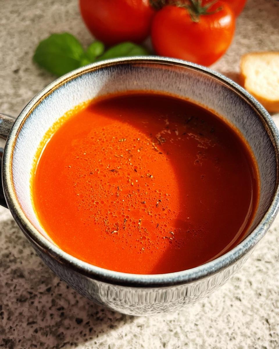 Eine dampfende Schüssel Tomatensuppe blitzschnell aus passierten Tomaten, garniert mit Kräutern.